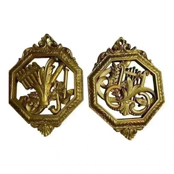 Set of 4 Octagon Gold Ornate Floral and Musical Instrument Wall Hangings Vintage - Picture 7 of 9